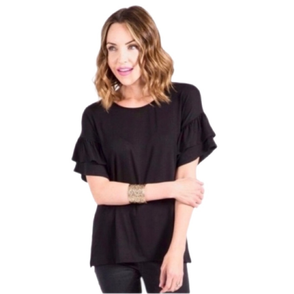 Agnes & Dora Frill Sleeve Top NWT Black Short Sleeve Soft Comfy Feminine XL